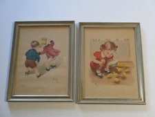ANTIQUE PAINTING ILLUSTRATION George Theodore Franz Meyer CHILDREN BABY CHICKS