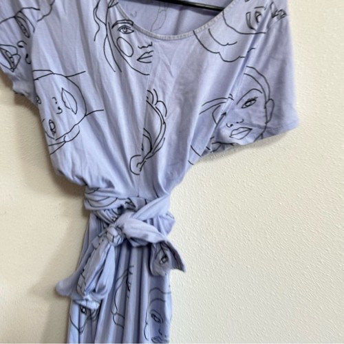 Find Womens Midi Dress Size XL Purple Novelty Face Print Wrap Front Short Sleeve - Picture 3 of 7