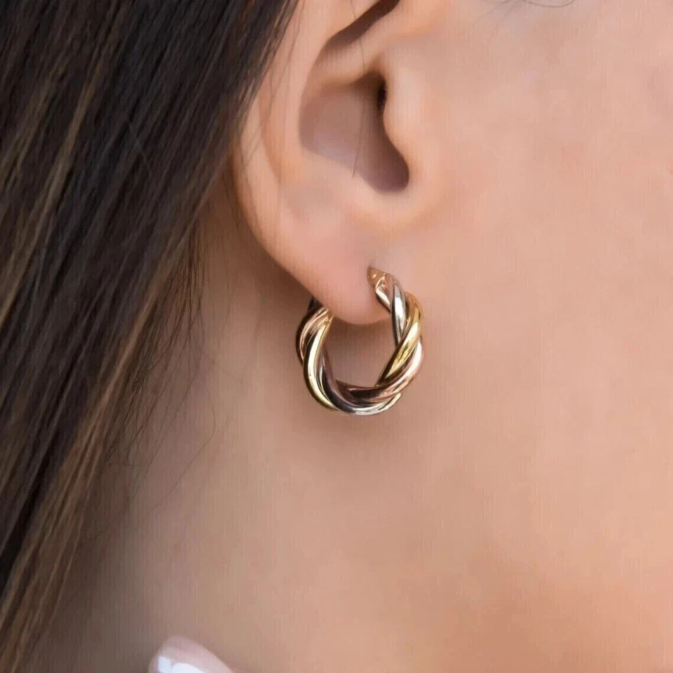 14K Yellow Rose White Gold Plated Silver TRI COLOR Hoop Earrings - Image 4 of 4