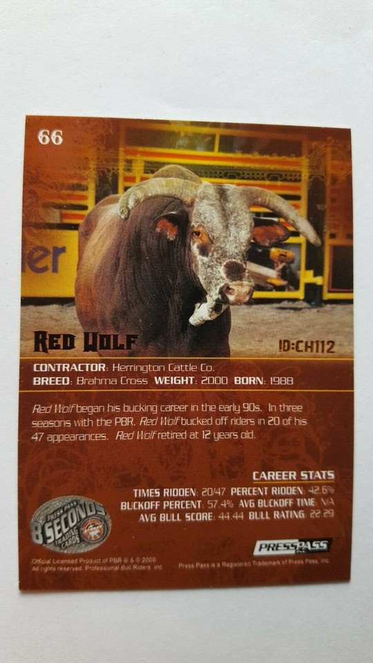 RED WOLF #66 PRESS PASS PBR 8 SECONDS PRO BULL RIDING CARD HERRINGTON ...