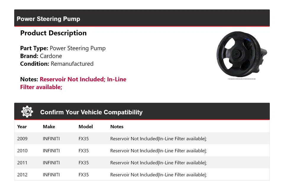 Насос гидроусилителя руля Cardone 2010 2011 для 2009-2012 INFINITI FX35 - Изображение 2 из 4
