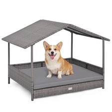 Wicker Dog House with Canopy, PE Rattan Dog Bed, Waterproof Removable Cushion