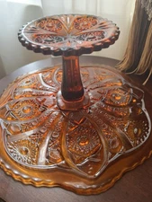 Vintage IMPERIAL GLASS Pedestal Cake Stand AMBER Hobstar Design