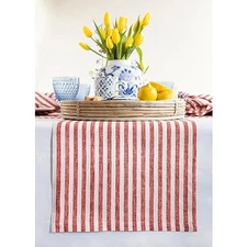  Linen Table Runner 60 Inches - Amalfi Stripe 100% 14 x 60 Inch Red & White