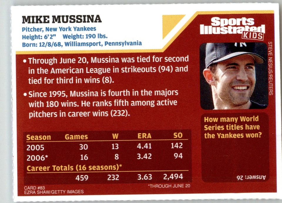 Mike Mussina - 2006 Sports Illustrated for Kids - NM - #83 - Image 2 of 2