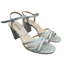 American Glamour Badgley Mischka Silver Glitter Strappy Heels Sandals Women 8.5
