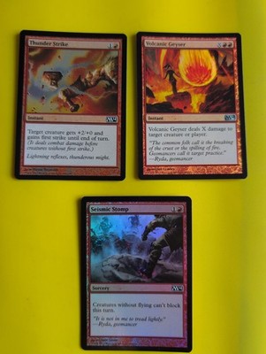 Foil x3 - Seismic Stomp, Thunder Strike & Volcanic Geyser MTG 3 Karten. . M14
