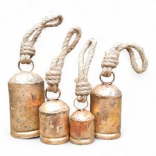 Set of 4 Metal Christmas Bells for Decoration Rustic Brass Gold Large Bell Co...