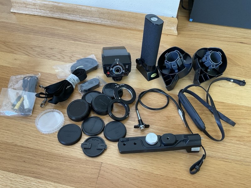 Lot of Olympus 35MM Camera Accessories & More - Flash, Grip, Lens Covers & More