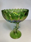 Vintage Indiana Iridescent Green Carnival Glass Lotus Blossom Compote Candy Dish