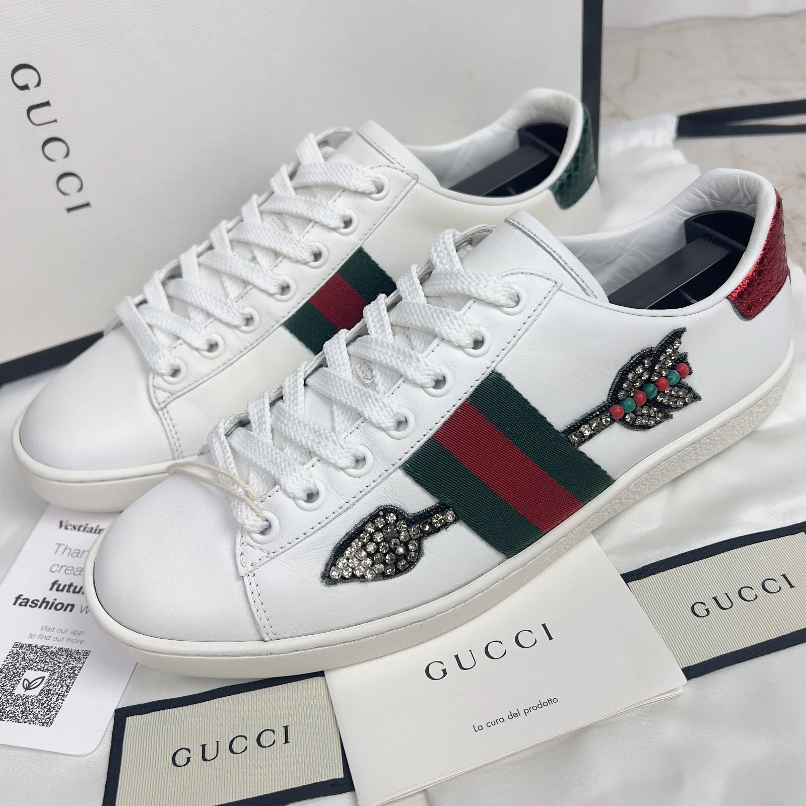 Baskets Gucci Ace Strass Arrow Trainer cuir blanc 6,5 US ou 36,