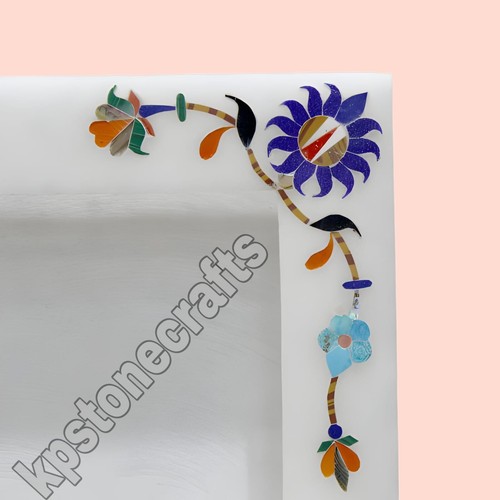 Taj Mahal Inlay Art | White Alabaster Marble Picture Frame | Semi-Precious Stone - Picture 5 of 7