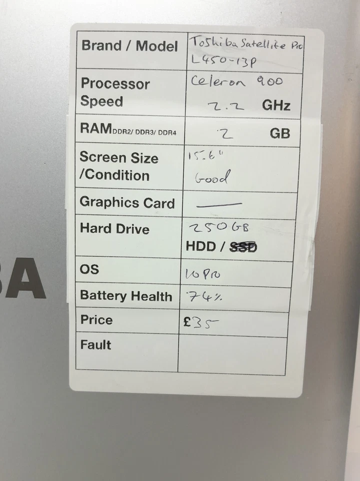 Toshiba Satellite Pro L450-13P - Celeron 900 2.2GHz - 2GB RAM - 15.6" - 250GB... - Image 3 of 4