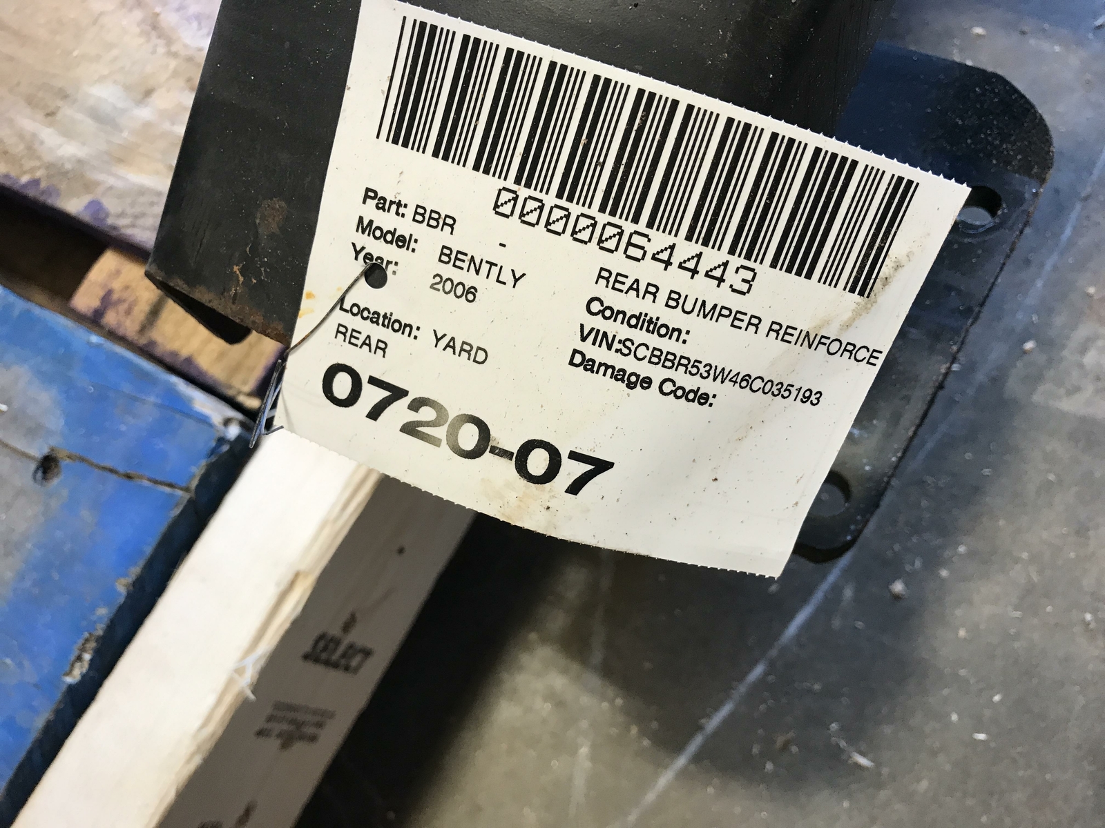06 07 08 BENTLEY CONTINENTAL FLYING SPUR REAR BUMPER REINFORCEMENT REBAR OEM