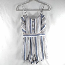 Romper HAVE Los Angeles 55 Linen Womens Sz S Spaghetti Strap Blue Beige Stripes