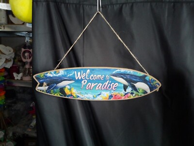 Dekoschild/Surfbrett/Holz/neu/Welcome in Paradise/Wale/Maritim/Sommer
