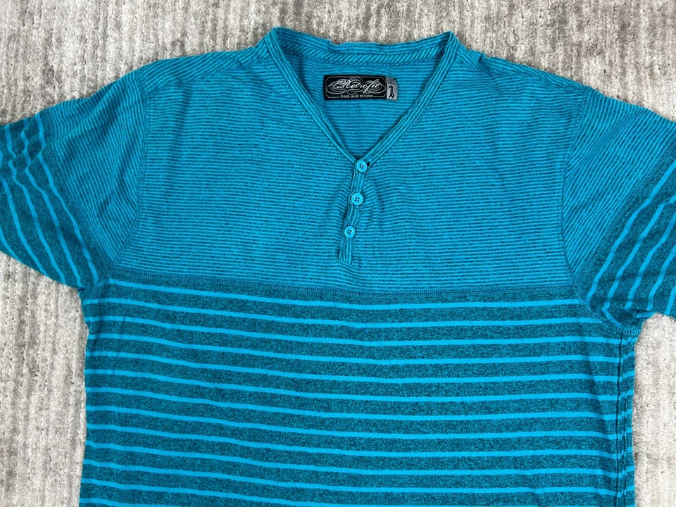 Camisa Retrofit Para Hombre Grande Azul Rayas Henley Botón Informal Manga Corta Foto 2 de 4