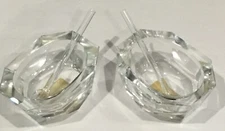 4 PC WEIL VENETIAN MURANO 2 CRYSTAL SALT/CAVIAR CELLARS 2 SPOONS W LABELS 2 3/4”