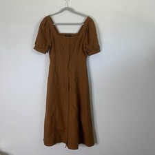 Madewell Womens Puff Sleeve Midi Dress Linen Blend Brown Warm Coffee 4 NEW