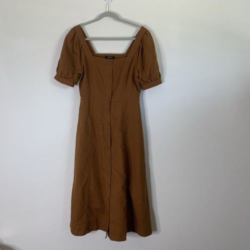 Madewell Womens Puff Sleeve Midi Dress Linen Blend Brown Warm Coffee 4 NEW