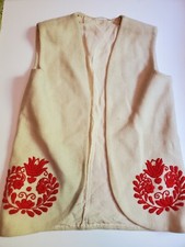 Vintage Silk lined beige wool vest, embroidered Red 60  s mod