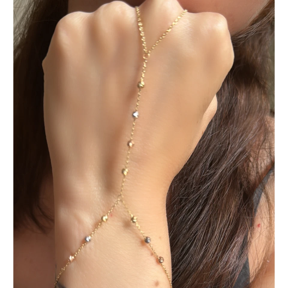 Multicolor Beaded Hand Chain Bracelet-  14K Gold Beaded Slave Bracelet For Women - Image 2 of 4