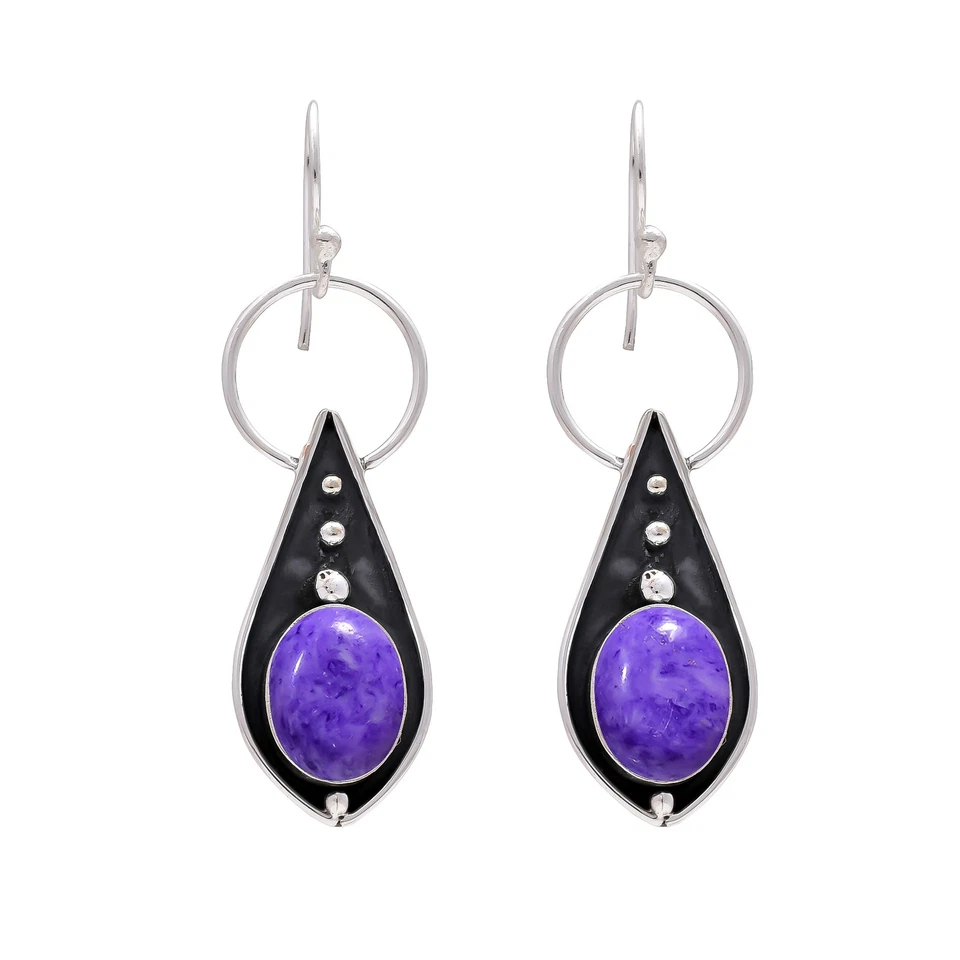 Russischer Charoit Edelstein Handarbeit 925 Sterling Silber Schmuck Ohrringe - Bild 2 von 4