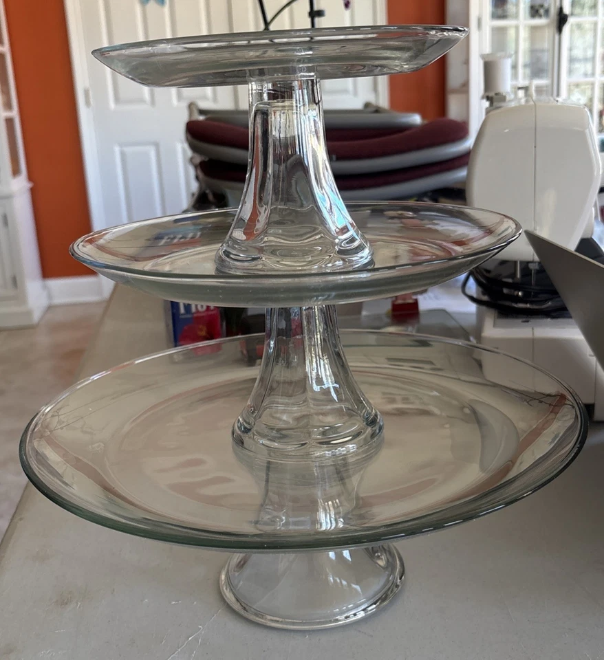 Anchor Hocking Glass Presence 3 Pc Tiered Dessert Platter Cake Set Platinum Col. - Image 2 of 4
