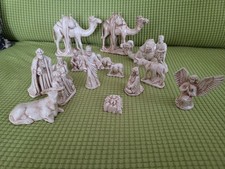 Vtg 70s 80s Cream Ceramic Nativity Set 17 Piece Pale Brown Wash Glaze Signed 81