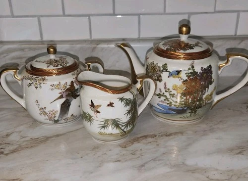 Antique Kutani Hand Painted Porcelain Teapot Creamer Sugar Set Birds EUC