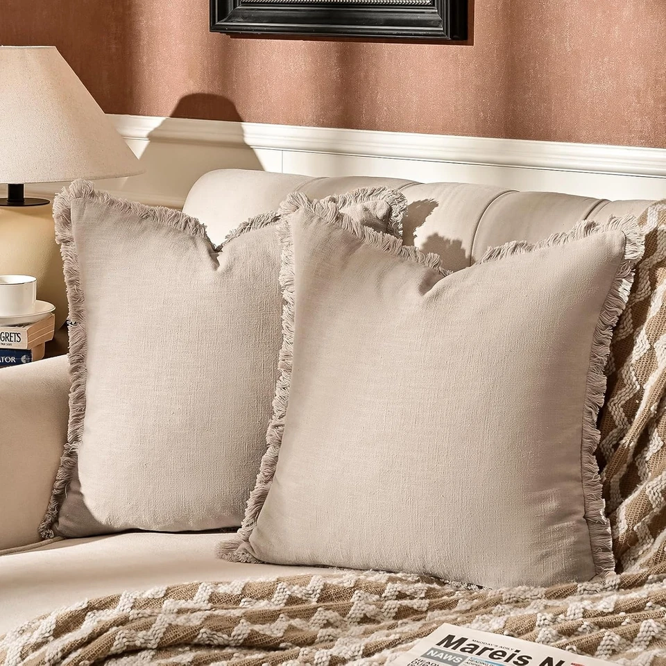 Versatile Pack of 2 Fringed Linen Pillow Covers for Living Room and Bedroom Use - Image 3 of 4