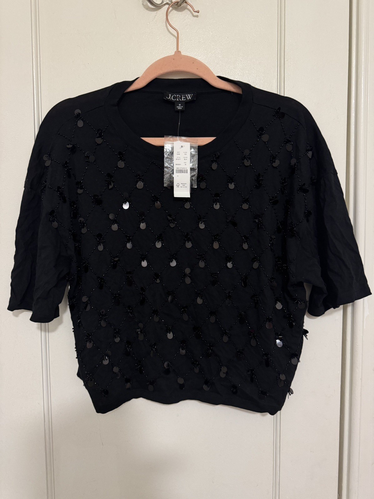J.Crew M Broken-in Jersey Cropped T-Shirt With Patterned Sequins In Black NWT