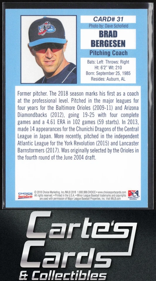 Brad Bergesen 2018 Choice Lakewood BlueClaws #31 Pitching Coach - Image 2 of 2