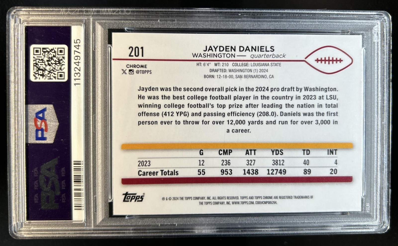2024 Topps Chrome Jayden Daniels RC Rookie #201 Commanders PSA 9 view 2