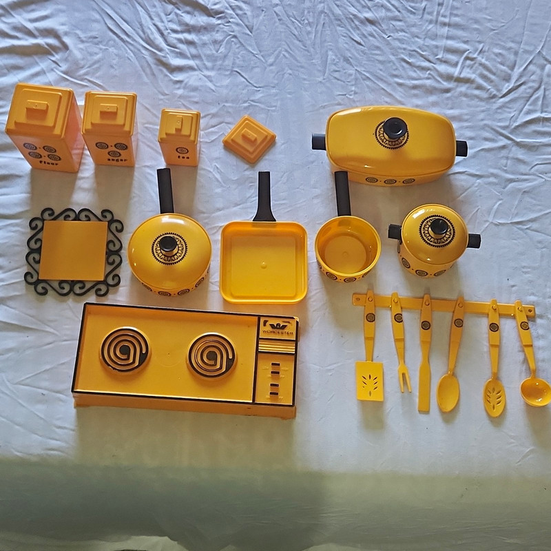 Worcester Yellow Toy Cookware Set w/ Stove, Pots & Pans, Utensils, Canisters