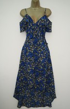 SHEIN BLUE IVORY KHAKI FLORAL WRAP COLD SHOULDER MIDAXI SUN DRESS SIZE L 12 14