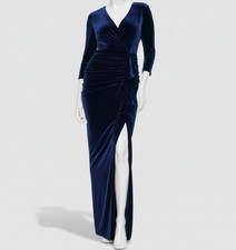 Betsy  Adam Women's Blue 3/4-Sleeve Ruched Velvet Gown Dress Size: 6