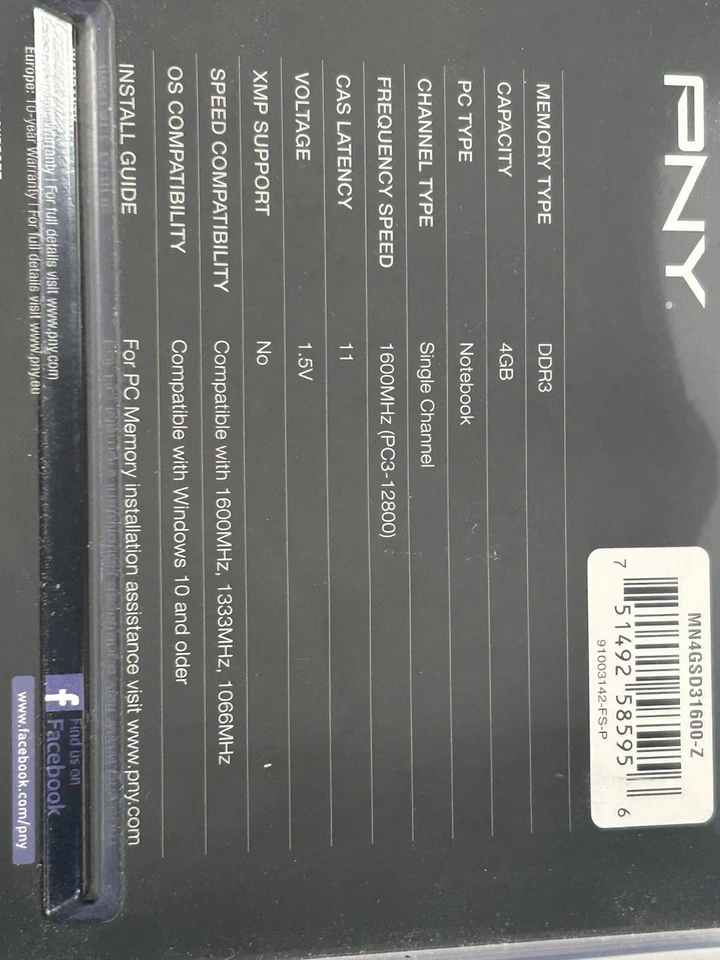 PNY 4GB DDR3 1600MHz 1333 MHz 1066 MHz PC3-12800 Laptop Memory MN4GSD31600-Z - Image 4 of 4