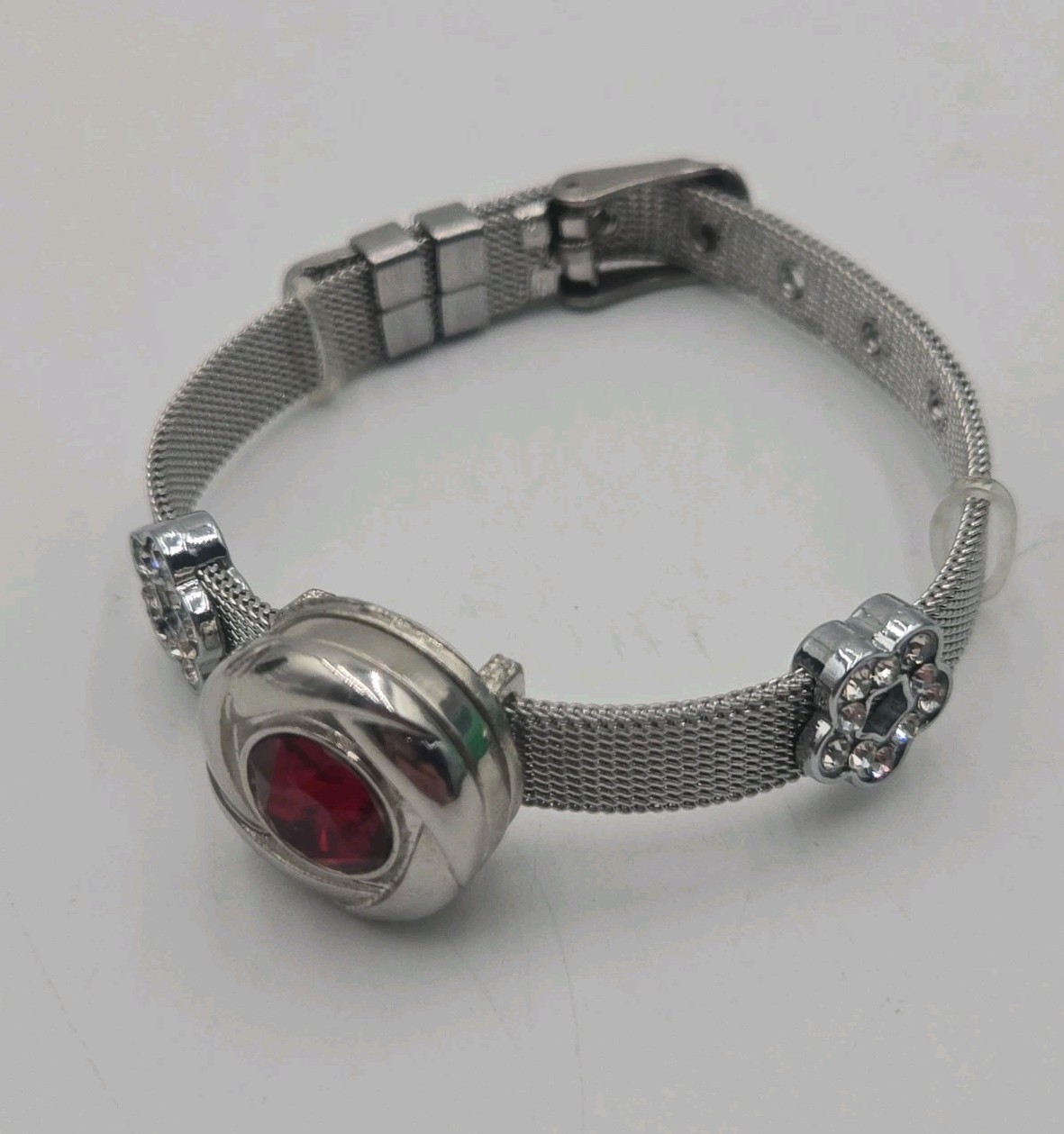 Silver Tone Mesh Charm Bracelet Red Stone Heart Bead Crystal Slider Adjustable