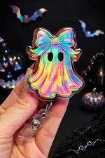 Holographic Halloween Ghost Badge Reel - Cute Ghost Badge Holder - Ghost with Bo