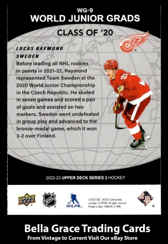 2022-23 Upper Deck Lucas Raymond #WG-9 Detroit Red Wings World Junior Grads NHL  - Image 2 of 2