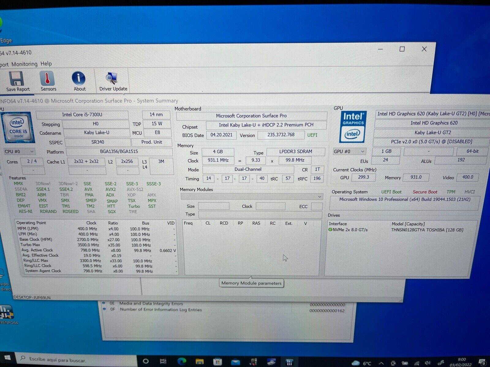 Surface Pro4 Intel i5-7300U 2,60 Ghz Ram4GB HD128SSD 12