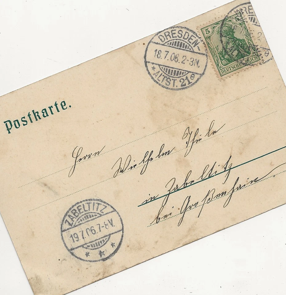 20/926 AK  DRESDEN nach ZABELTITZ GROßENHAIN SACHSEN JAHR 1906 - Bild 2 von 2