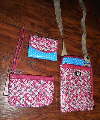 ROLFS 3 PIECE SHOULDER BAG PURSE, ID WALLET & WRISTLET FLORAL/POLKA DOT