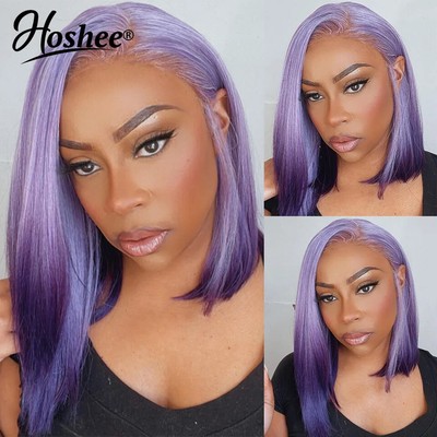 Ombre Purple Bob Pixie Cut Part Lace Wig Lace Frontal Human Hair Wig Pre-Plucked