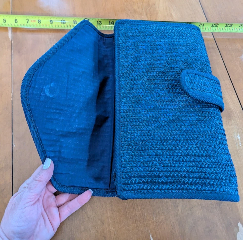 Vintage Navy Straw Clutch Envelope Handbag Snap Closure - Image 2 of 4