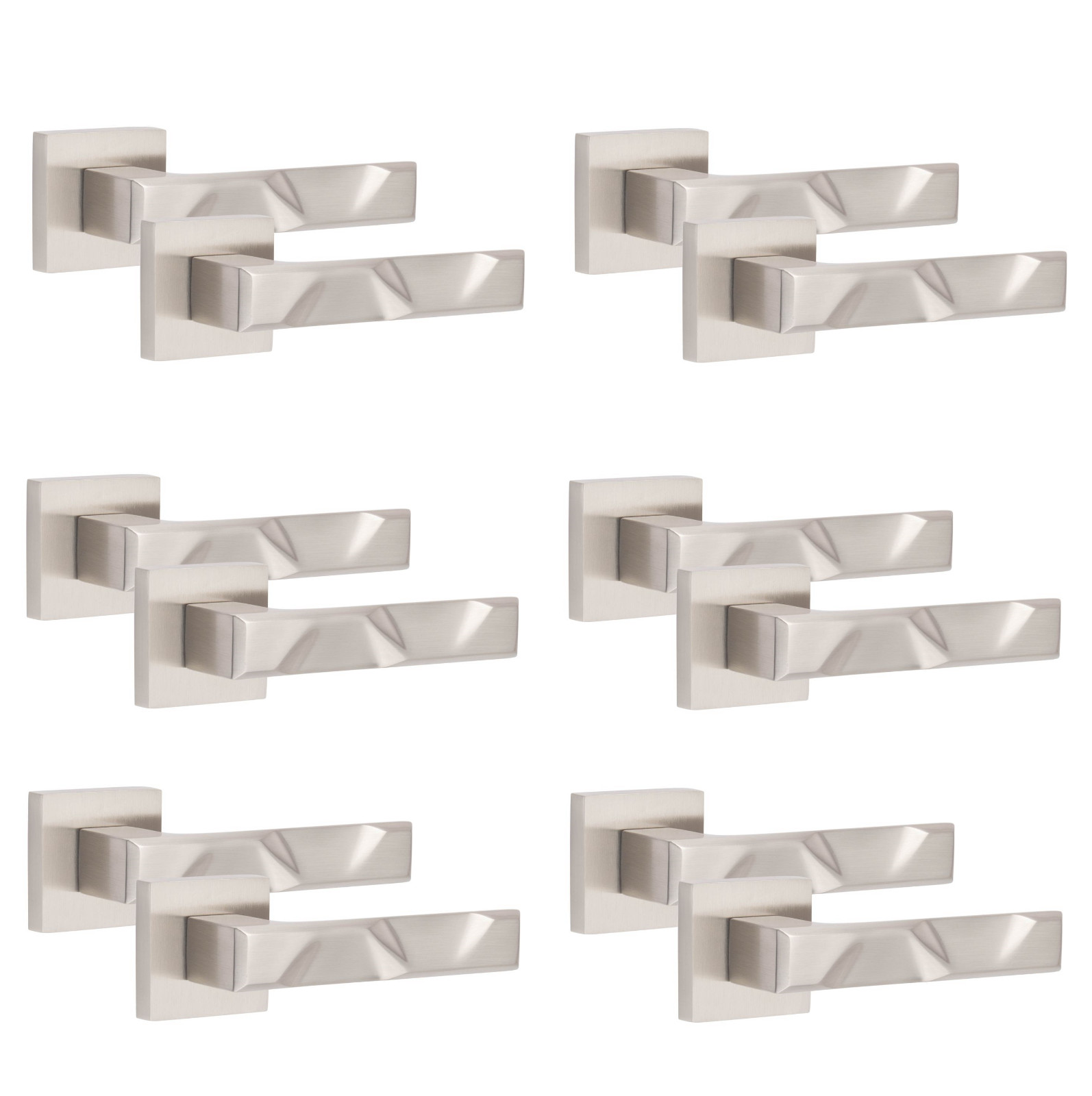 6 Pair Modern Nova Design Satin Nickel Premium Door Handles Square Rose