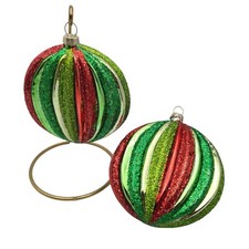 Set of 2 Mark Roberts Christmas Ornament Striped Glass Glitter Green Red 5"