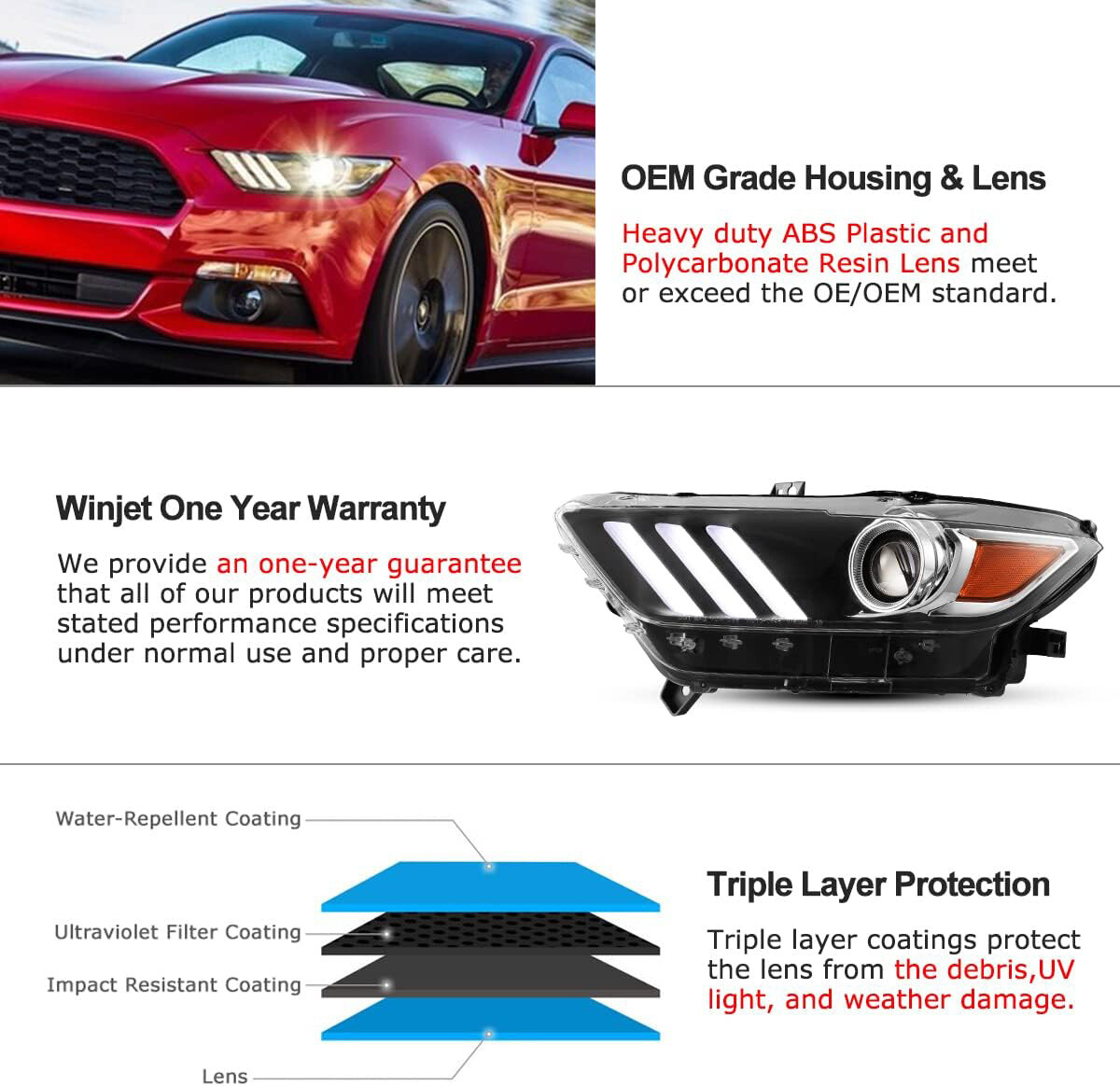 LED DRL HID/Xenon Headlights Set for 2015 2016 2017 Ford Mustang Left & Right