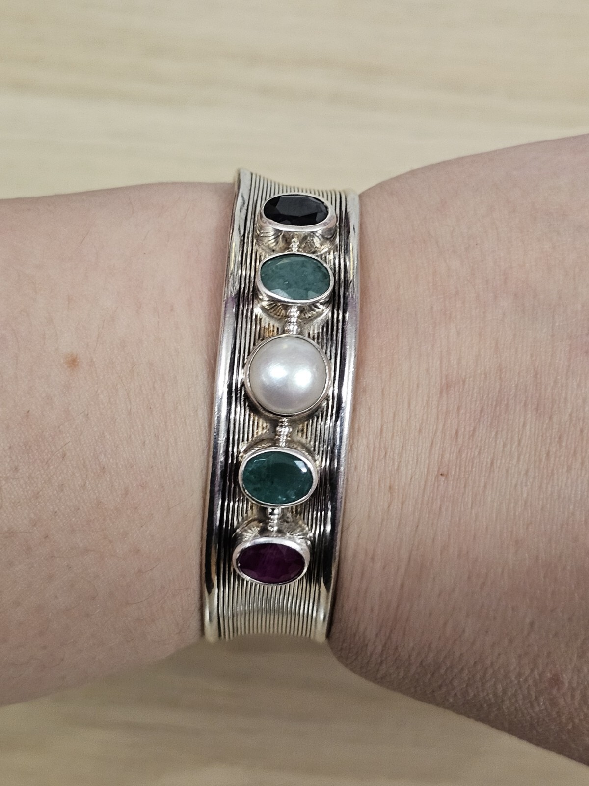 sterling silver Multi Gem Stone Bracelet Mexican Adjustable 34grams
